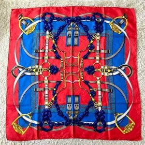Hermes Red & Blue Silk Scarf with Gold Accents